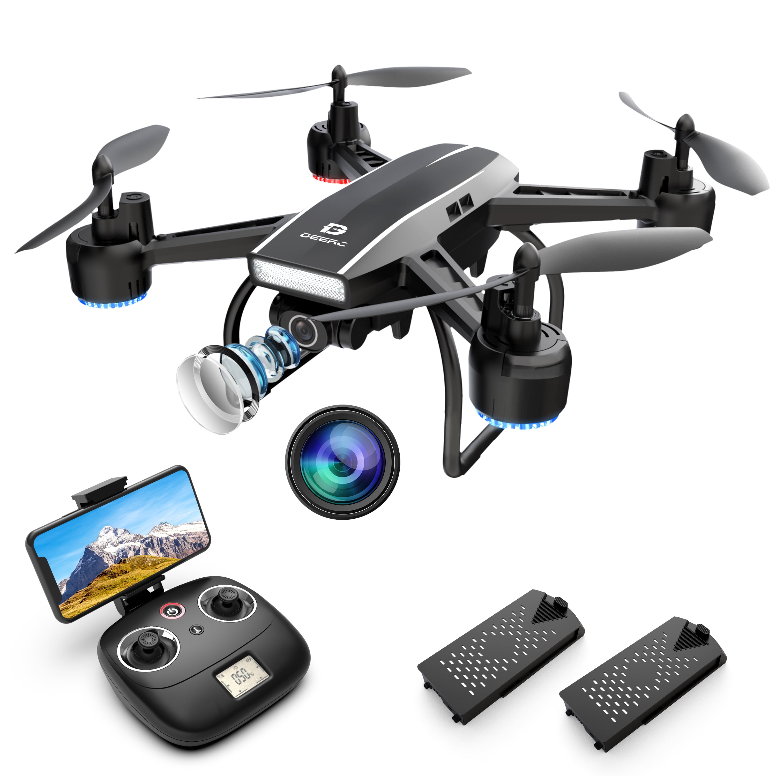 DEERC Drone 2K Camera for Adults RC Drone with 2 Batteries Altitude Hold, Headless Mode, Gesture Selfie, Waypoints Functions