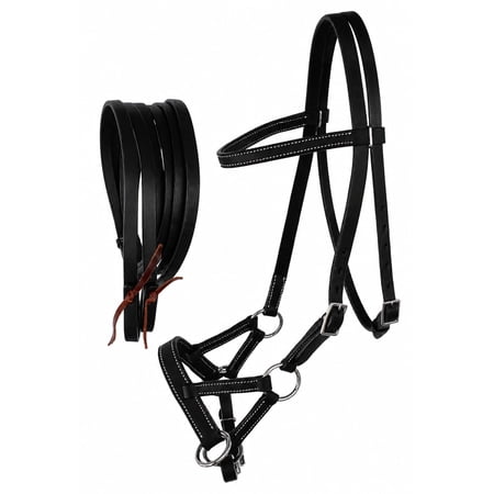 Challenger USA Horse Western Leather Tack Bitless Sidepull Bridle Rein BLK 77RT03BK-F