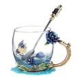 thumbnail image 1 of Taza de té de cristal con esmalte de rosa azul rojo, taza de café, tazas de agua con flores pintadas de rosas y mariposas, juego de cuchara de cristal transparente, regalo perfecto Xemadio 2030009-4, 1 of 1