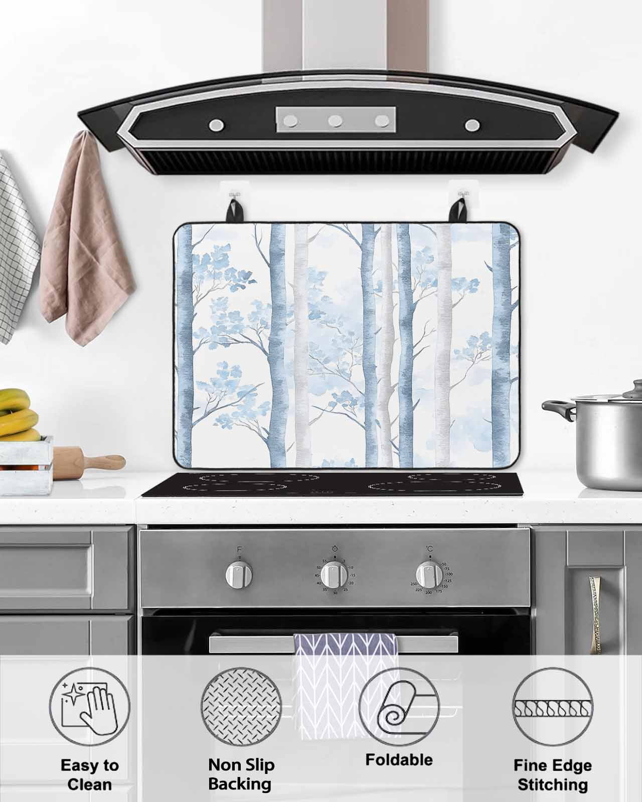 nqOlkjepod Large Induction Cooktop Protector Mat 36"x21", Blue Grey Branches Stove Top Covers for Electric Stove, Vintage Blue Forest Gray Decorative Stove Burner Cover Mats, Glass Top Stove Cover