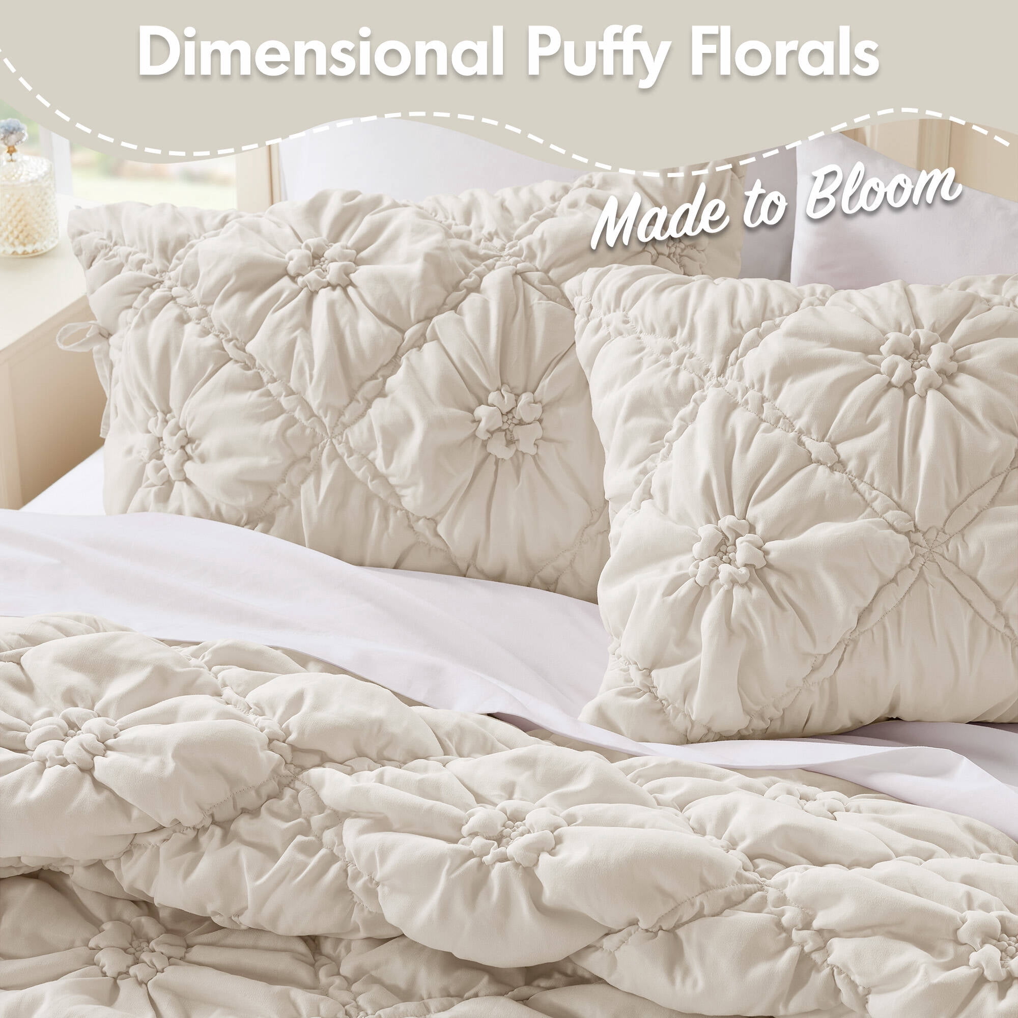 Regency Heights Full/Queen Textured Floral Comforter Set, Puffy Bow Tie Dorm Bedding Sets, 3-Piece Ivory Elastic Ruching Comforter Bed Set with Sham for All Season