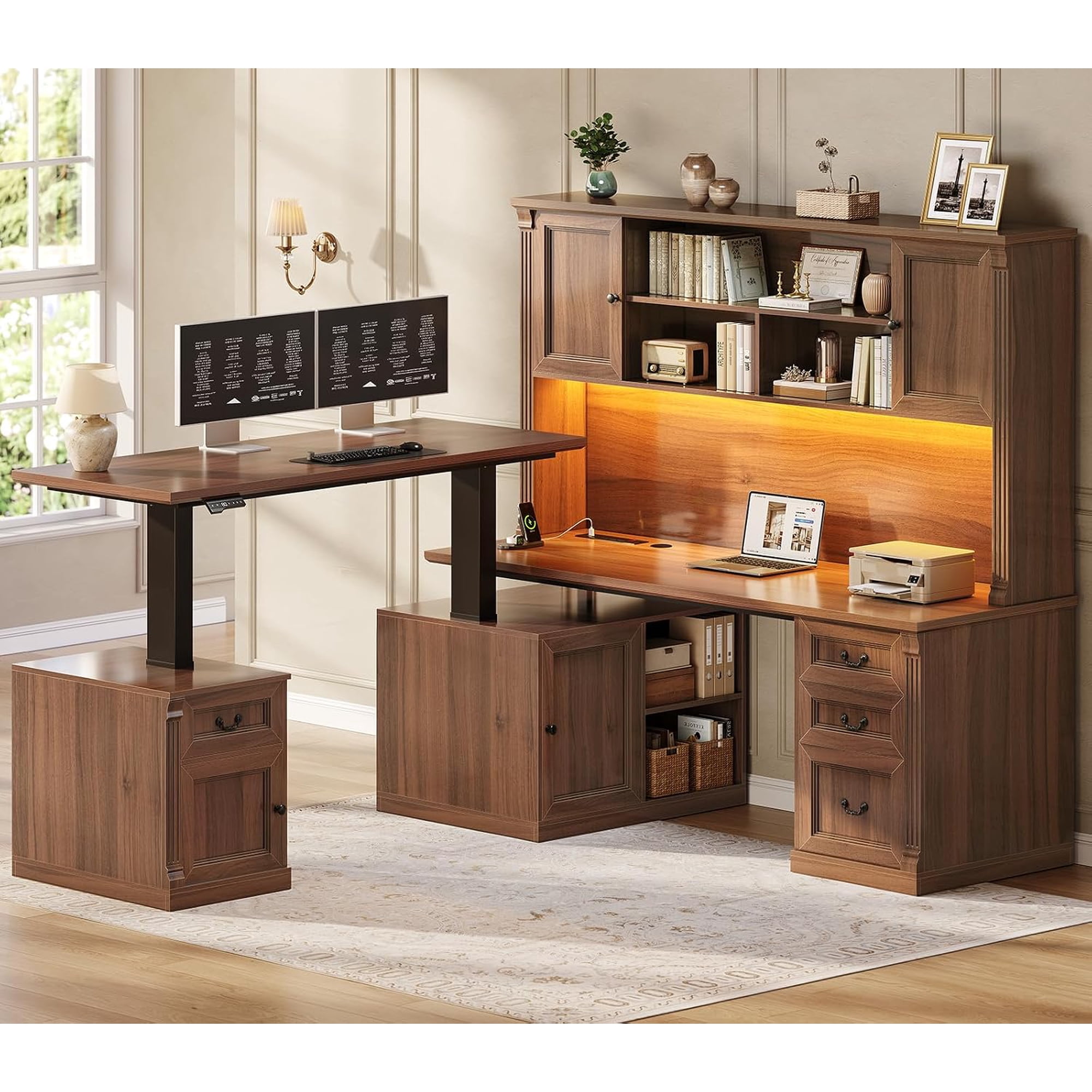 Farmhouse L Shaped Electric Standing Desk with Hutch and Led Lights Height Adjustable Executive Desk with 4 Drawers and Storage Cabinet for Home Office