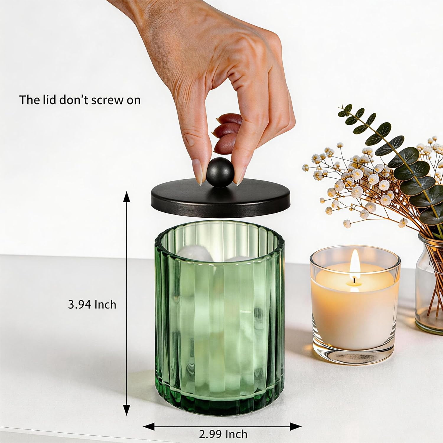 RGHJAR-Sage Green Glass Apothecary Jar, Qtip Holder Dispenser for Cotton Swabs, Balls, Makeup Pads, Floss Picks, Bathroom Essential Accessories, Countertop Canister Storage Organizer (Black, 4 Pack)