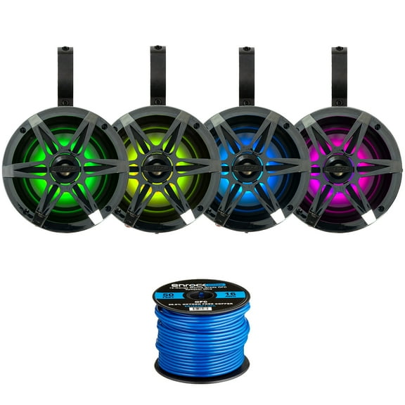 2 Pairs (QTY 4) of Enrock 6.5" 120 Watt Peak Power 2-Way Marine Audio Chrome Boat Speakers with MultiColor RGB LED Lighting, 4x 6.5" Black Unloaded Speaker Pods, 50ft Wire