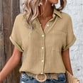 thumbnail image 7 of Pxiakgy Women Linen Button Down Shirt Rolled Cuffed Short Sleeve Blouse Ladies Summer Casual V Neck Beach Double Layer Wrinkled Fabric Tops Batwing Sleeve Pocket Patched Shirt Khaki M, 7 of 7