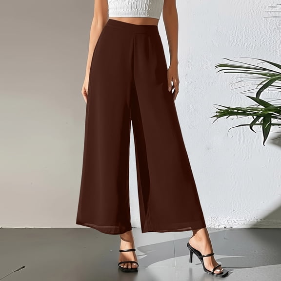 Women's Wide Leg Dress Chiffon Pant Elegant Party Elastic Waist Trouser with Pockets Brown 2XL