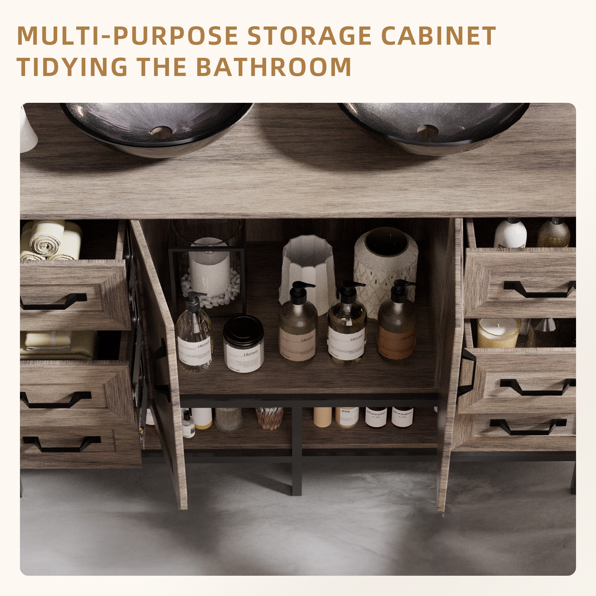 48 Inch Bathroom Vanity with Double Sink, Freestanding Cabinet with Open Shelves and 6 Storage Drawers, Modern Iron Wood Cabinet with Countertop Tempered Glass Vessel(Ship in 2 Boxes)