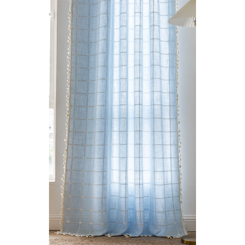 AIGIA Farmhouse Semi-Blackout Window Curtain 1 Panel Cotton Linen Curtains with Tassel Rod Pocket Window Drapes for Dining Living Bedroom