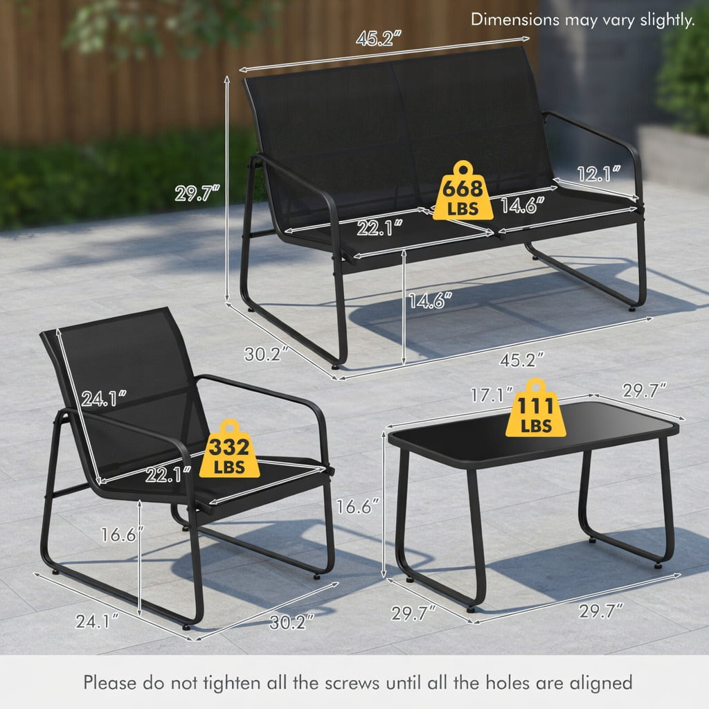 Hommoo 4-Piece Outdoor Patio Conversation Set with Tempered Glass Coffee Table, Metal Frame Loveseat & Armchairs for Backyard, Garden, or Deck, Black