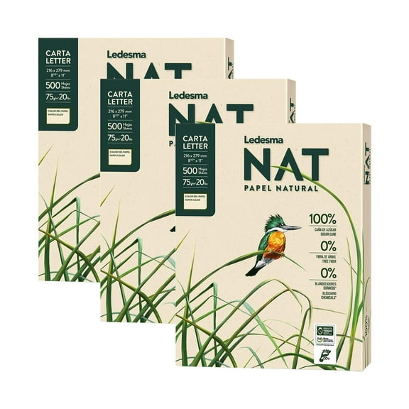 Ledesma NAT, Letter Size (8.5"x11") Natural Sugarcane Pulp Printer Paper, For All Office And Photocopy Printers, Designs, Crafts (3 Reams (1500 Sheets))