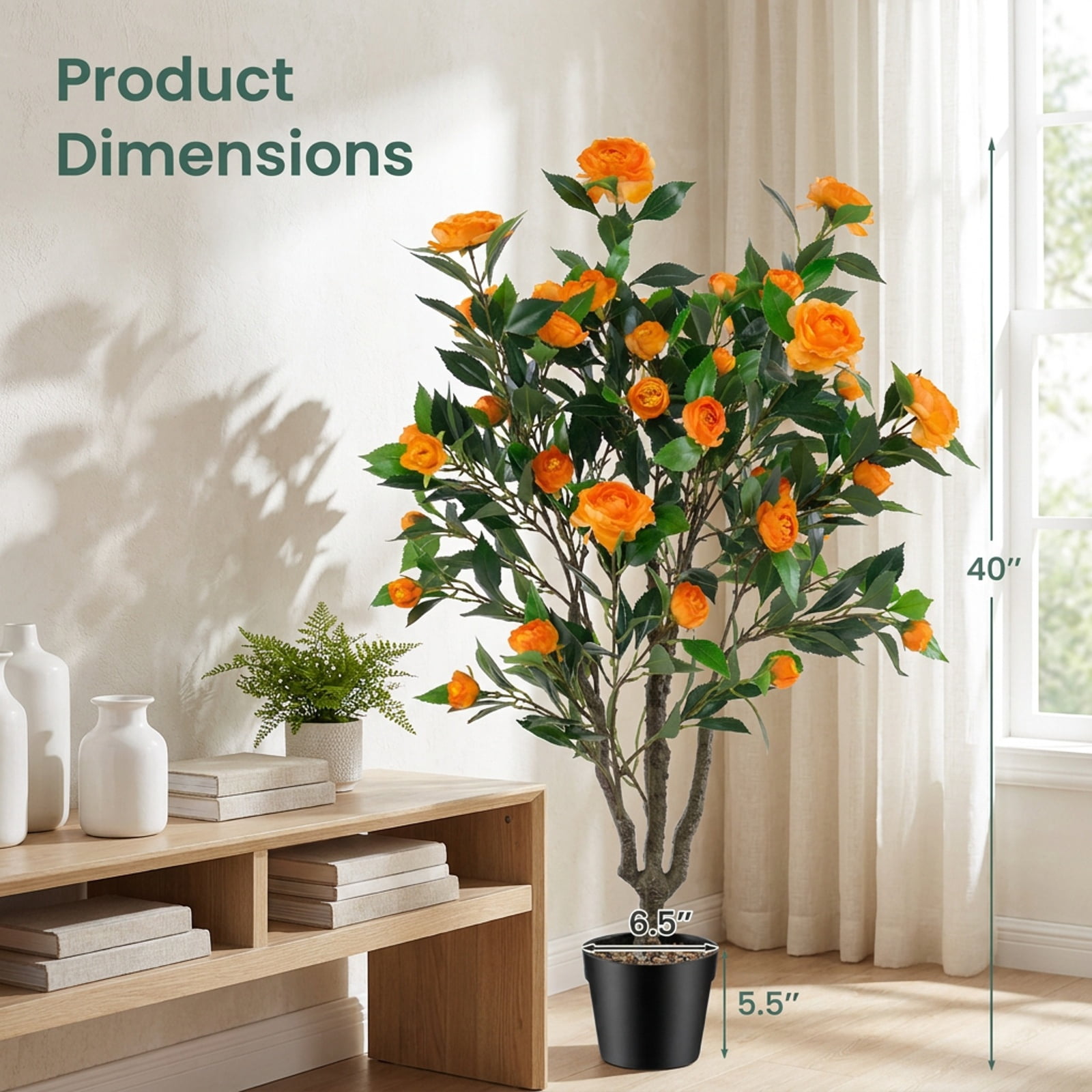 Vebreda 40 in Artificial Camellia Tree, Faux Potted Flowering Plant with 37 Silk Camellias, River Stones, and Cement-Filled Pot, Indoor Home Office Decor, Green