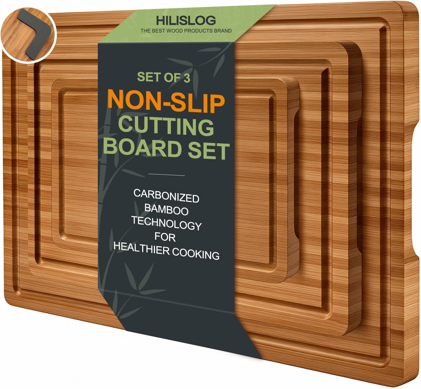 RGHJAR-3 Pack Bamboo Cutting Board Set with Non Slip Solid Wood Cutting Boards Non Toxic Chopping Board for Kitchen Small Cutting Board Non Plastic Charcuterie Boards Meat Healthy Bread Cutting Board