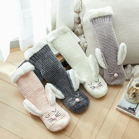 

Anvazise 1 Pair High Elastic Middle Tube Knitted Socks Fleece Lined Cartoon Rabbit Decor Women Warm Fluffy Socks for Christmas Grey