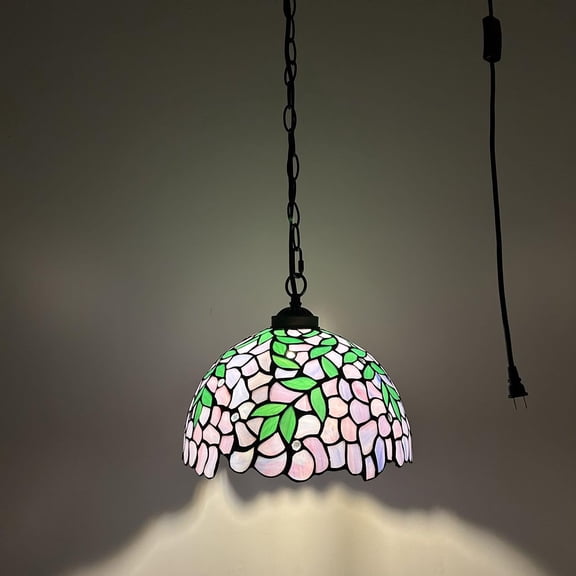 Tiffany Pendant Lights Plug In Purple Stained Glass Green Leaves LED Bulb Included for Dining Room Hotel Restaurant Cafe 12"W*12"D*60"H