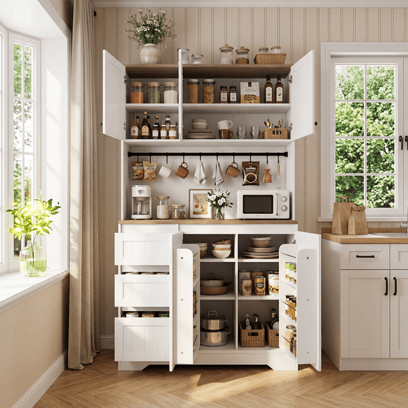 VIngud 71" Tall Pantry Cabinet with Charging Station, Large Capacity Kitchen Hutch Storage Cabinet, Kitchen Cabinet with Microwave Stand, Storage Drawers & Adjustable Shelves for Dining Room