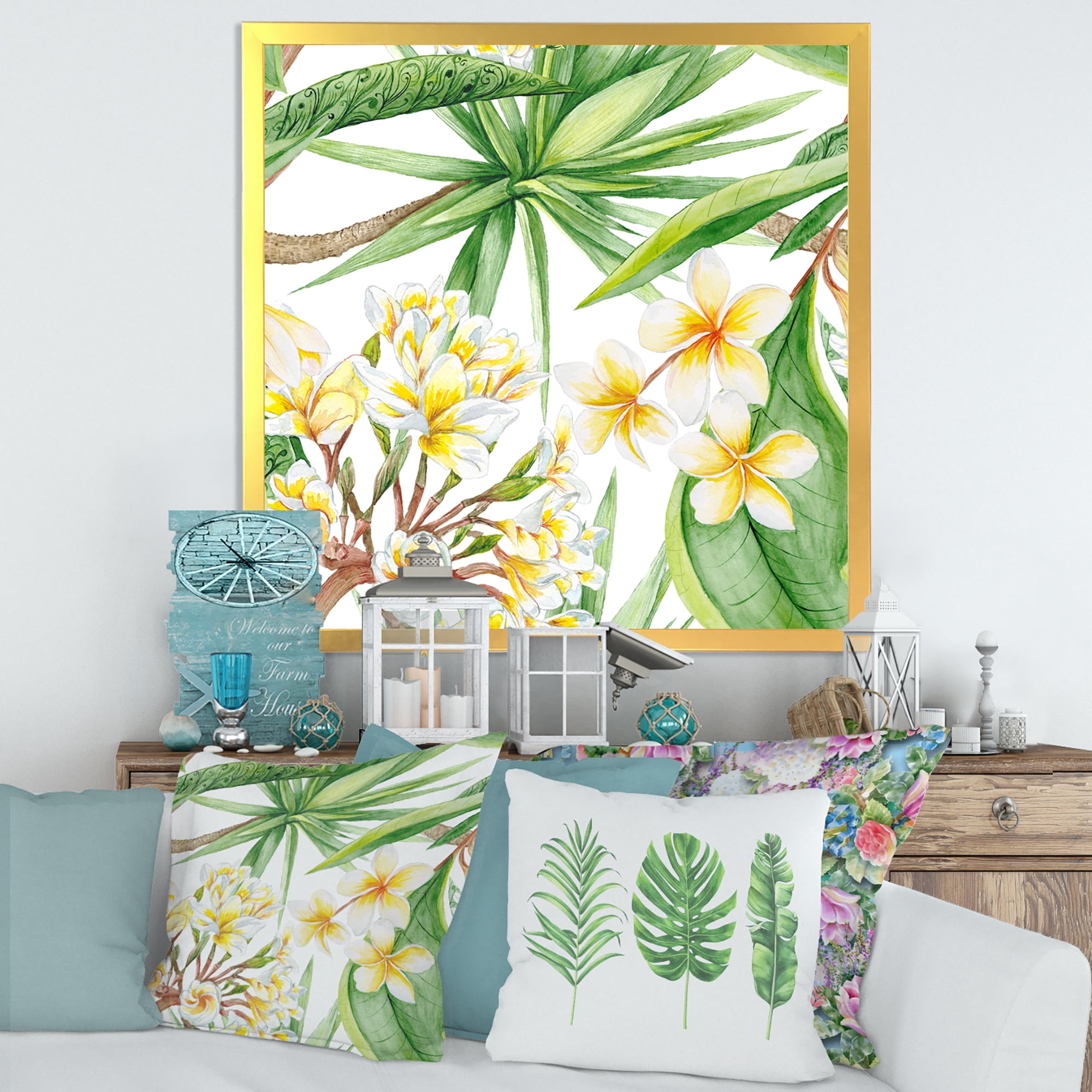 Designart 'Yellow Flowers and Tropical Foliage I' Modern Framed Art Print