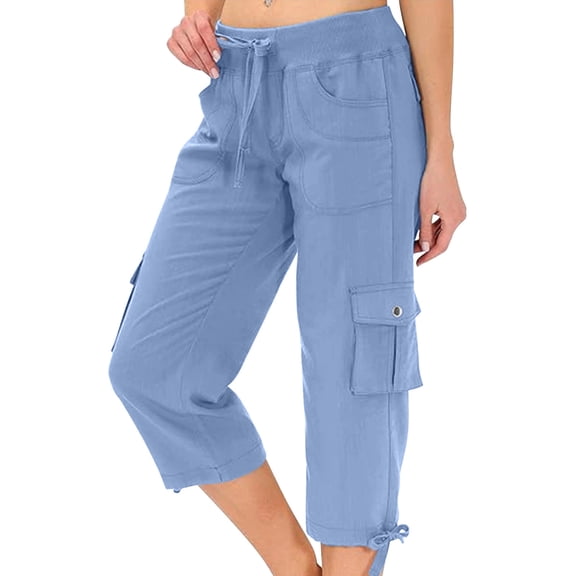 ChaoHeng Casual Pants Women Plus Size Women's Loose Outdoor Hiking Pants with Multi-Pockets Quick-Dry Travel Trekking Cargo Trousers Elastic Waist,Sky Blue S