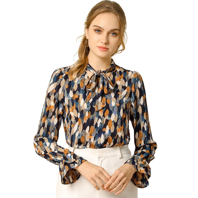 Blusa con cuello En V y lazo floral Allegra K Naranja azul XL