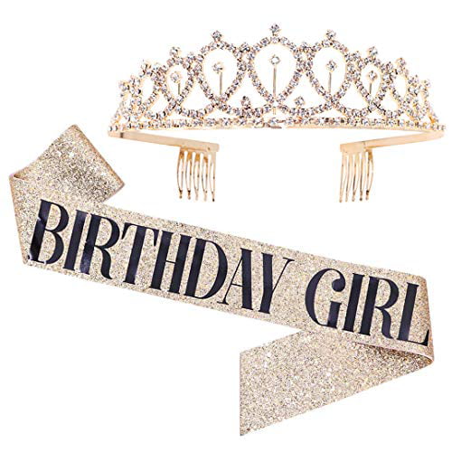 Crown Crystal Tiara Crown with Birthday girl Sash for Birthday Gift Party Accessories Birthday Girl Sash & Rhinestone Tiara Kit Party Supplies and Decorations Rose Gold