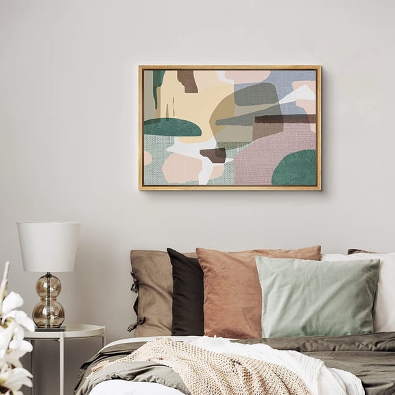 PixonSign Framed Canvas Print Wall Art Tan, Blue, Green Squares Abstract Line Illustrations Modern Art Alternative Dramatic Multicolor Dark for Living Room, Bedroom, Office - 24"x36" Natural