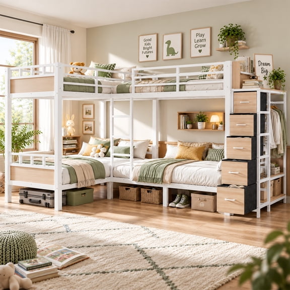 DTTRA Quad Twin Metal Bunk Bed Frame for 4 Sleepers, Built-In Wardrobe, Open Shelves and 5 Fabric Drawers, White
