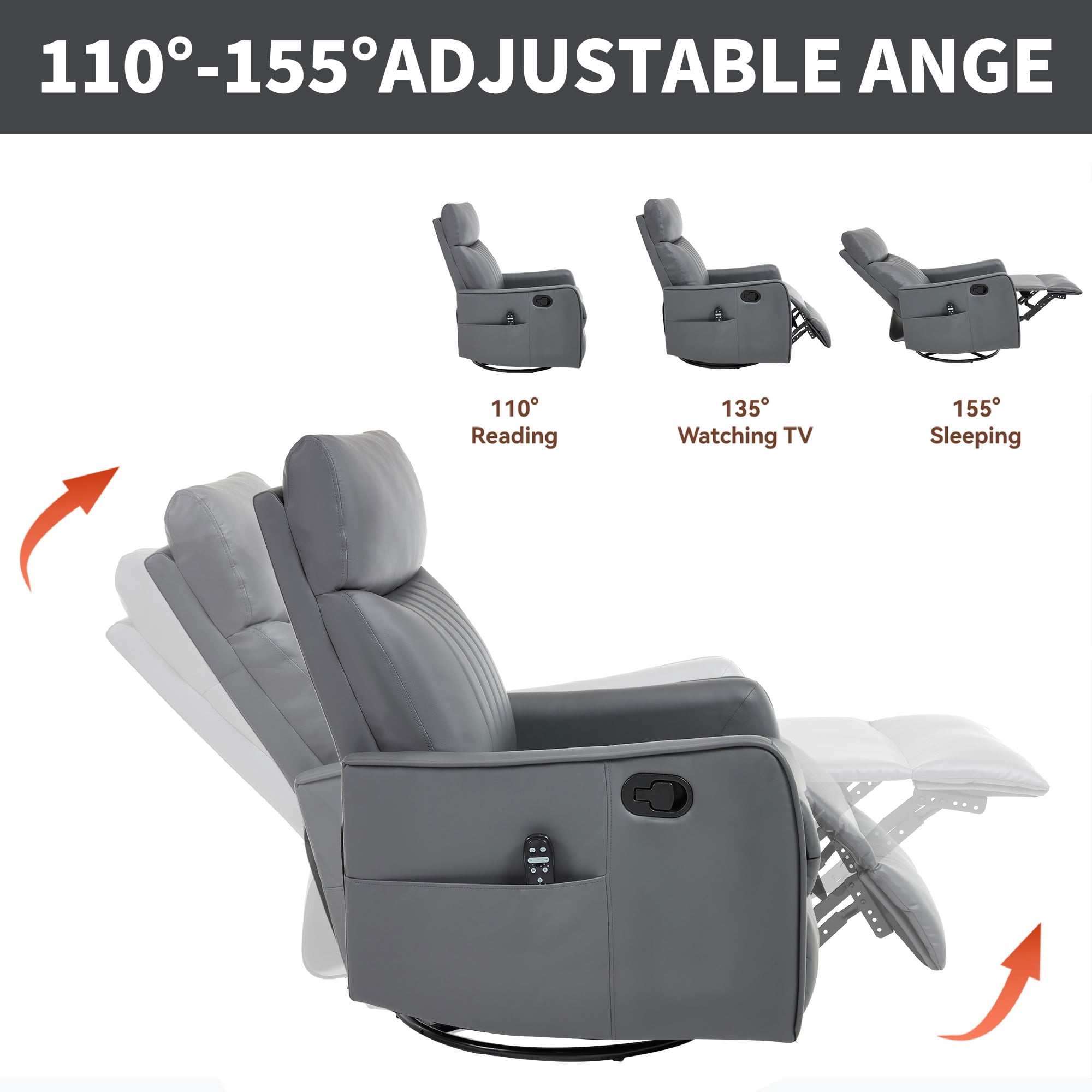 MAYEERTY Faux Leather Swivel Recliner Chair, Manual Rocker Glider Chair with 8-Point Vibration Massage & Lumbar Heat, for Living Room Nursery Home Office