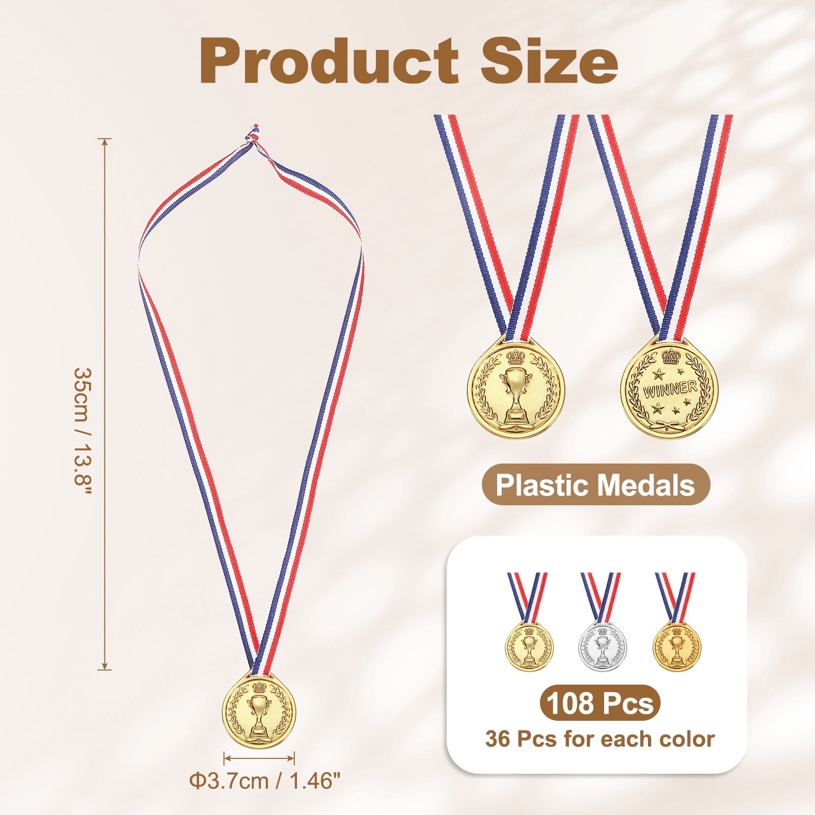 Uxcell Award Medals, 108 Pcs Gold Silver Bronze Plastic Award Medals Printed with Trophy Patterns  with Lanyards for Teen Sports, Games, Competitions, Party Favors Decorations