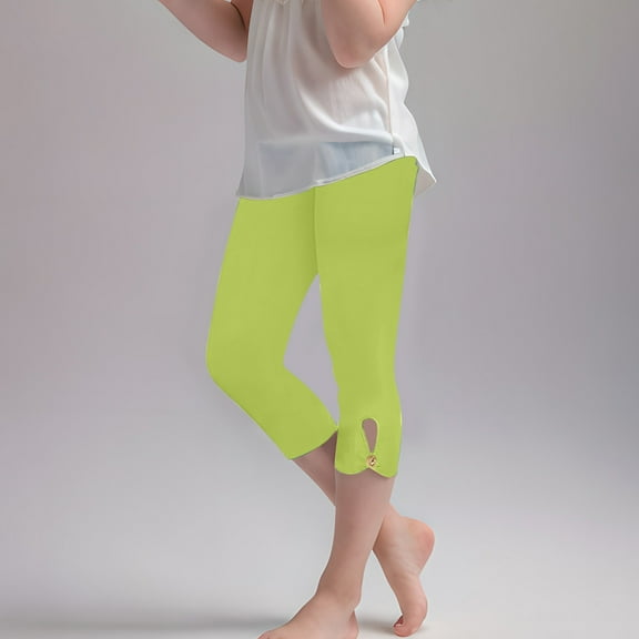 NAISIBABY Girls Cropped Leggings, Stretchy Tights Elastic Waist Solid Color Workout Running Yoga Pants Green 10-11T