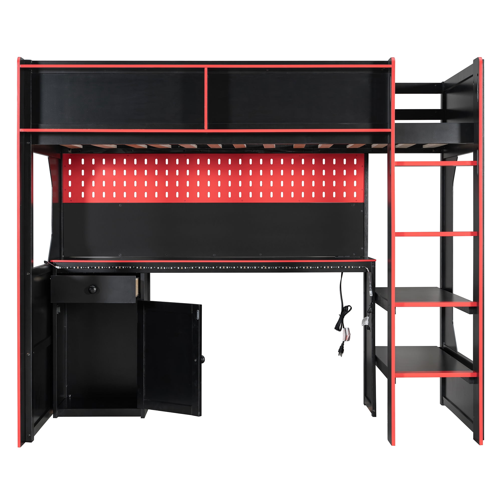 Mintazer Twin Size Gaming Loft Bed with Desk & LED Lights, Modern Bed Frame with Storage Shelves & Pegboard and Charging Station for Dorm Bedroom Apartment, Black & Red