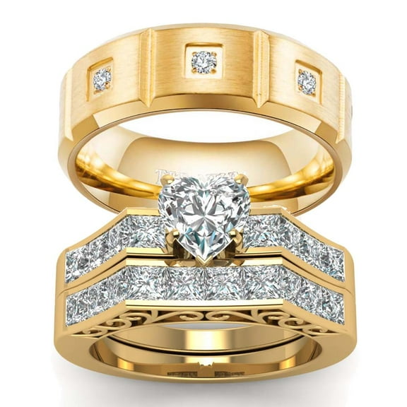 Two Rings His and Hers Wedding Ring Sets Couples Rings Yellow Gold Plated Heart White Cz Titanium band