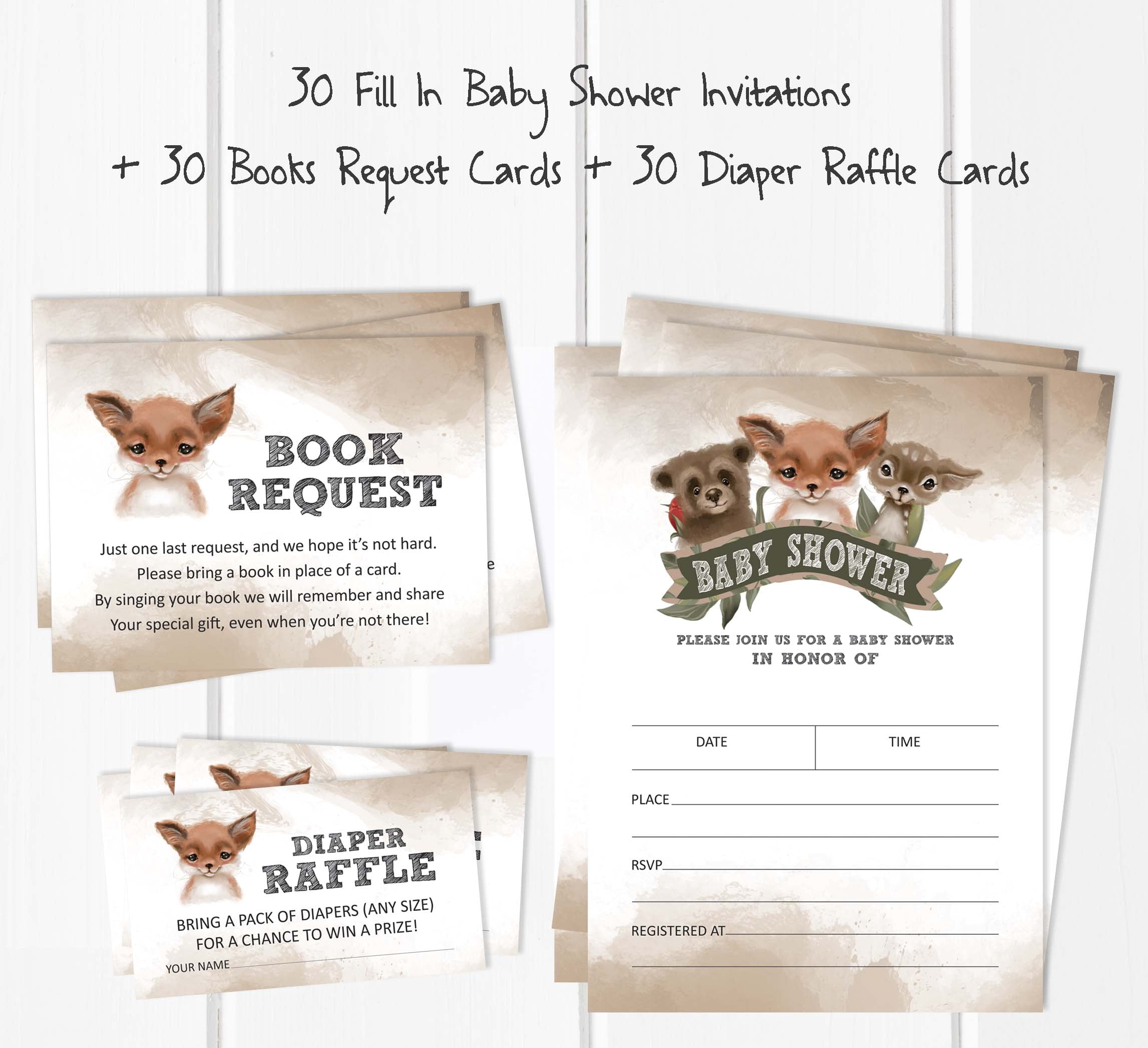 Inkdotpot Set Of 30Fox Baby Shower Invitations-Diaper Raffle Tickets And Baby Shower Book Request Cards Jungle Animals Invites Its A Boy Its A Girl