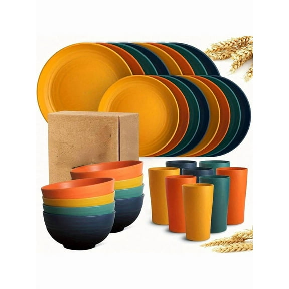 32-Piece Kitchen Plastic Wheat Straw Dinnerware Set, Service For 8, Dinner Plates, Dessert Plate, Cereal Bowls, Cups, Unbreakable Colorful Plastic Outdoor Camping Dishes