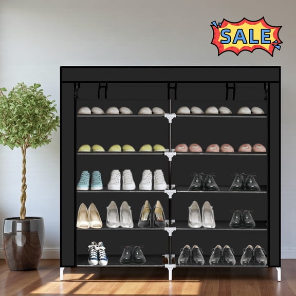 Tcbosik 7-Tier Shoe Rack with Non-Woven Fabric Cover, Portable Shoe Storage Organizer for Hallway, Entryway, Easy Assembly, Black