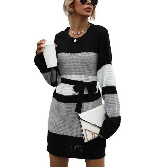 Vestido de suéter de bloque de color de mujer Vestido de suéter de cuello redondo de manga larga con lazo en la cintura para otoño invierno Gris claro S