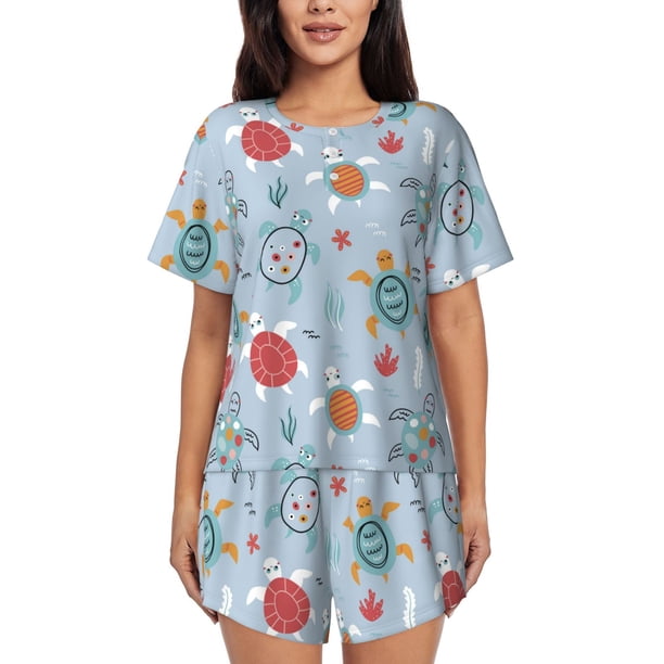 Fotbe Sea Turtle Conjunto de Pijama Estampado para Mujer, 2 Piezas, Ropa de Dormir con Camiseta de Manga Corta y Shorts Suaves-Medium