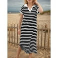 thumbnail image 2 of SANOPY Women's Summer Striped Short Sleeve Dress V Neck Collared Side Slit Casual Beach Maxi Dresses, 2 of 7