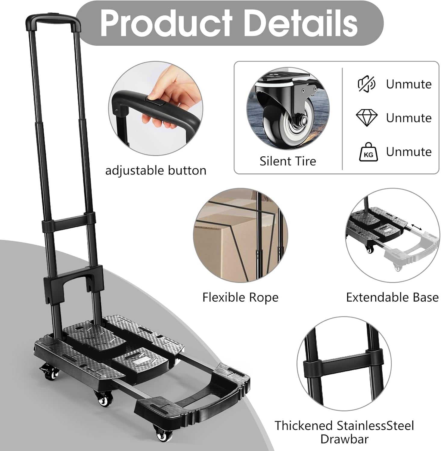 Folding Hand Truck, Portable Heavy Duty Dolly Cart, Collapsible Luggage Cart with Elastic Ropes - Compact Trolley Cart for Easy Moving