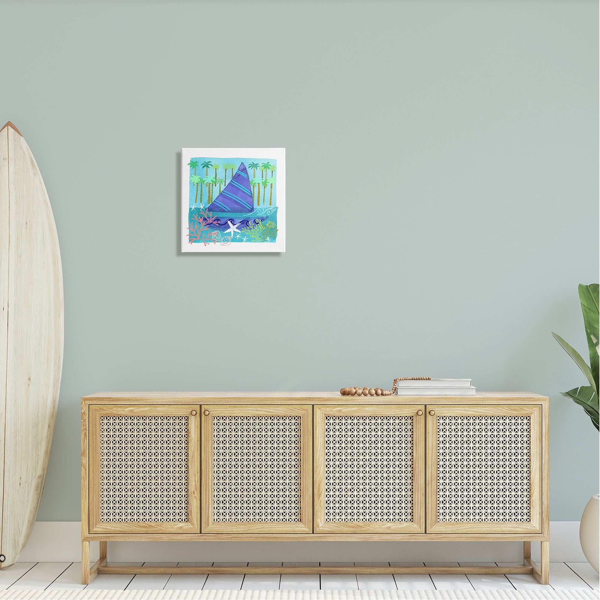 Stupell Industries Funky Sailboat Coastal Layered Palm Trees Seashells Graphic Art Gallery Wrapped Canvas Print Wall Art, Design by unknown
