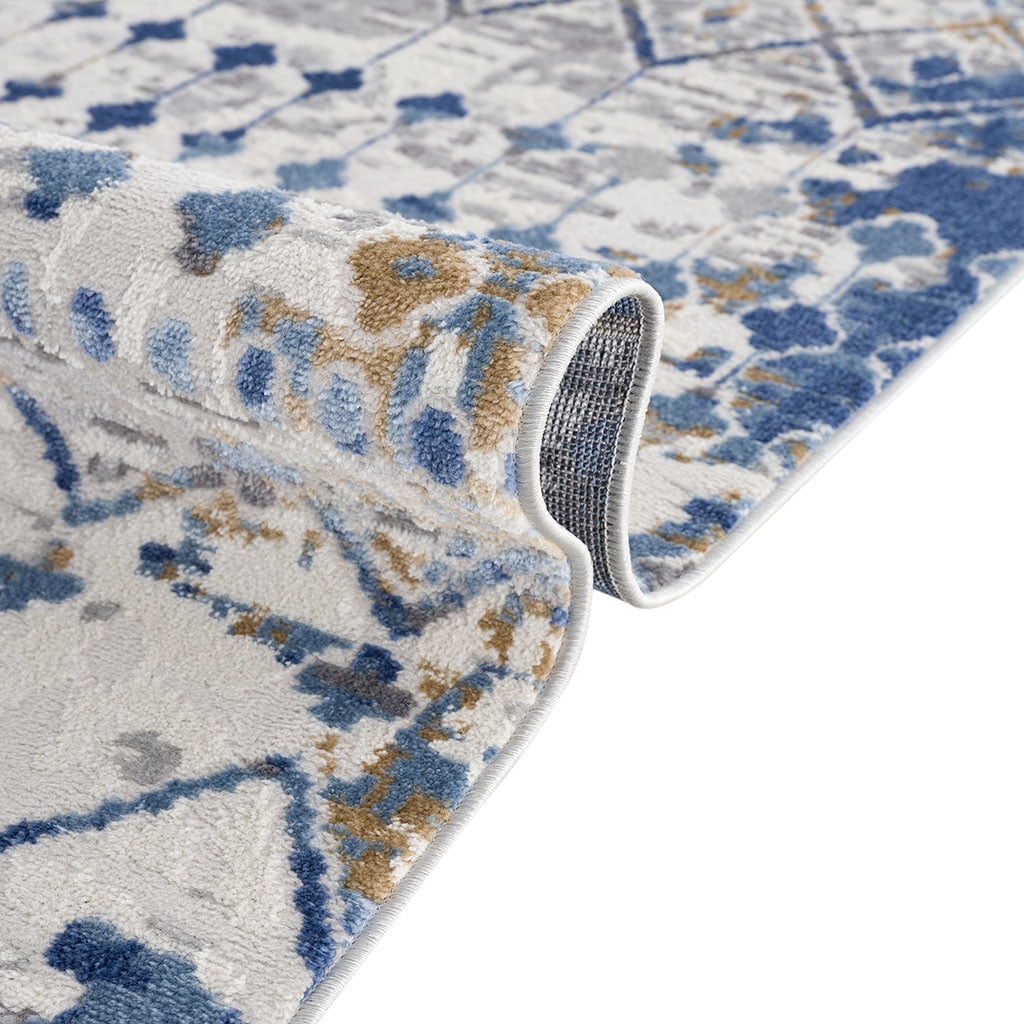 5x7 Blue Cream Geometric Rug Medium Pile Stain Fade Resistant Non-Slip Latex Backing Easy Clean for High-Traffic Living Room