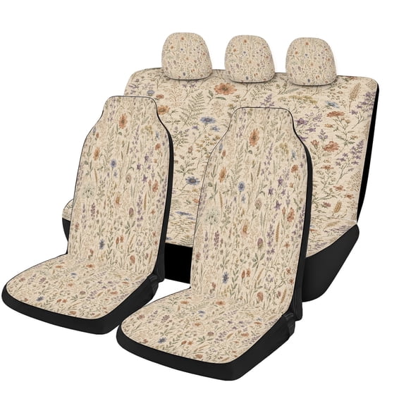 Soft Neutral Wildflower Car Seat Covers Full Set, Universal Auto Seat Covers with Front Seat Covers, Rear Bench Cover and Headrest Covers for Cars SUVs Trucks Vans