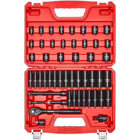 VEVOR 3/8 in Drive Impact Socket Set, 50 Piece, 6 Point Deep & Shallow Impact Sockets, SAE (5/16 in to 3/4 in) and Metric (8 to 22 mm) Sizes with 3 in & 6 in Extension Bars
