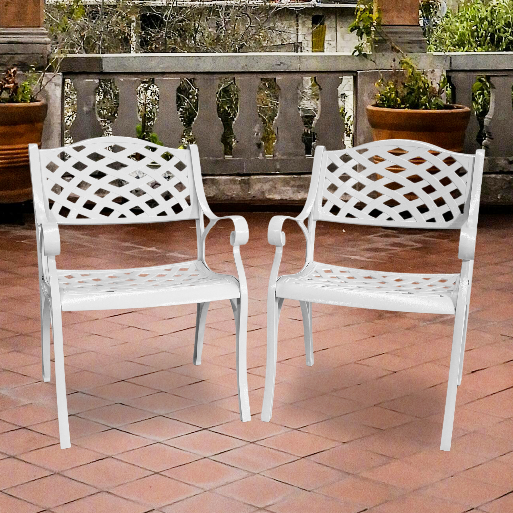 PATIO-IN 2-Piece Outdoor Cast Aluminum Dining Chairs with Armrests, Weather Resistant Patio Chairs, White
