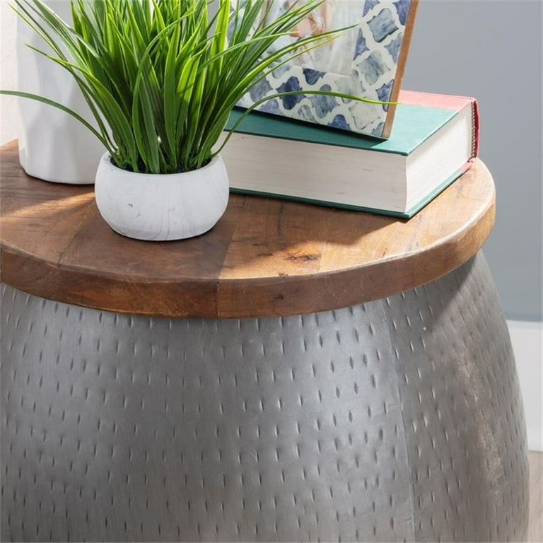 Home Square 2 Piece Set with Metal Drum Table and Drum Side Table in Silver