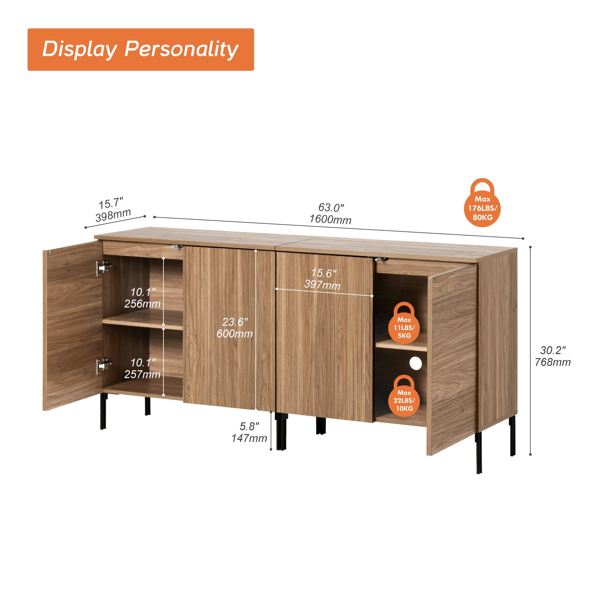 63" Reeded Accent Cabinet Set with Adjustable Shelves, Modern Credenza Storage Cabinet with Doors for Living Room, Kitchen, Dining Room, Hallway