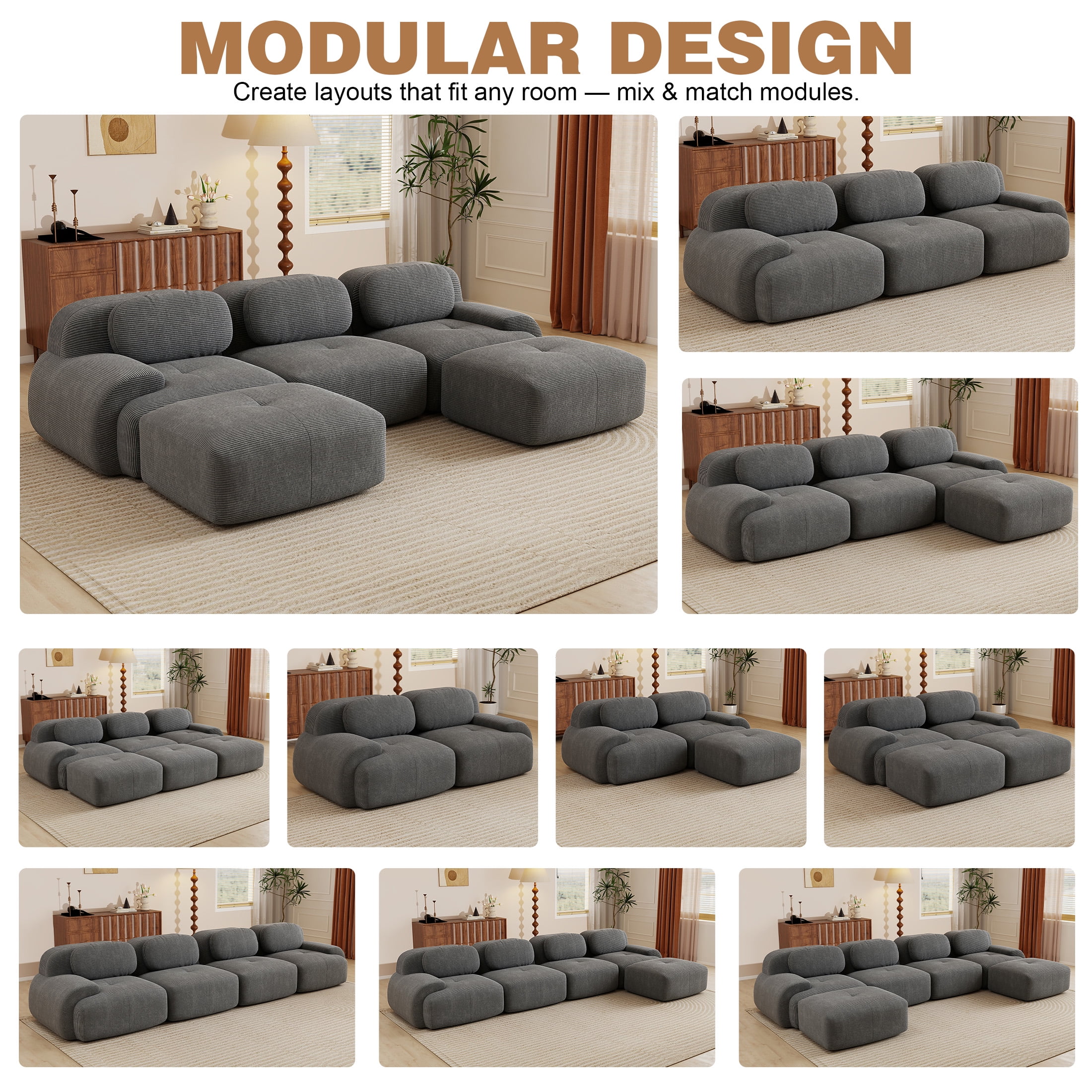 Aukfa 118" U-Shaped Modular Sectional Sofa, Deep Seat Living Room Couch, Corduroy, No Assembly, Gray