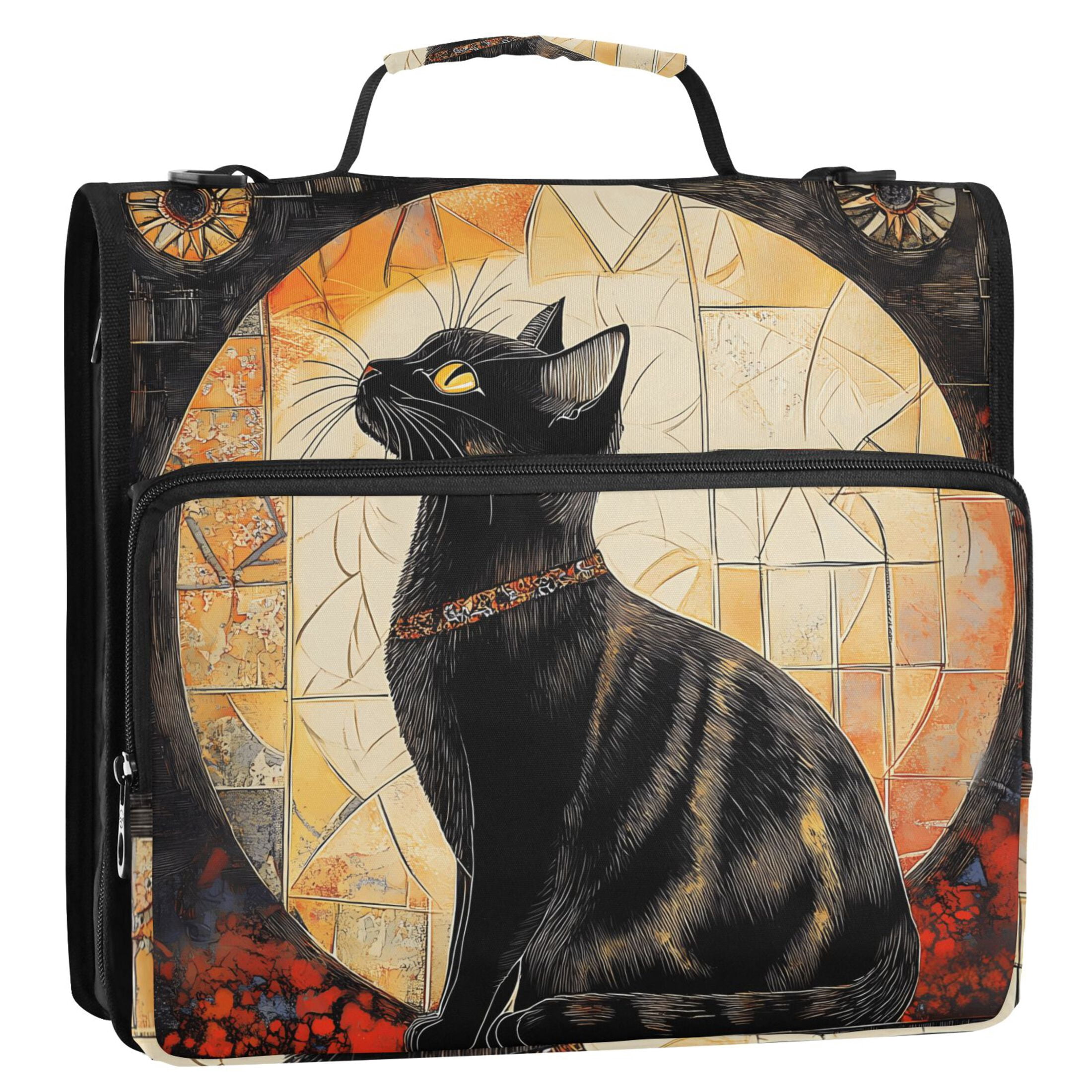 3 Ring Zipper Binder with Shoulder Strap Waterproof Trapper Keeper 2 Inch D-Ring 500 Sheets Capacity Elegant Black Cat