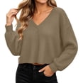thumbnail image 2 of XRoczxe Women’s V‑Neck Long Sleeve Waffle Knit Crop Top, Casual Solid‑Color Loose Cropped Pullover Shirt, 2 of 9