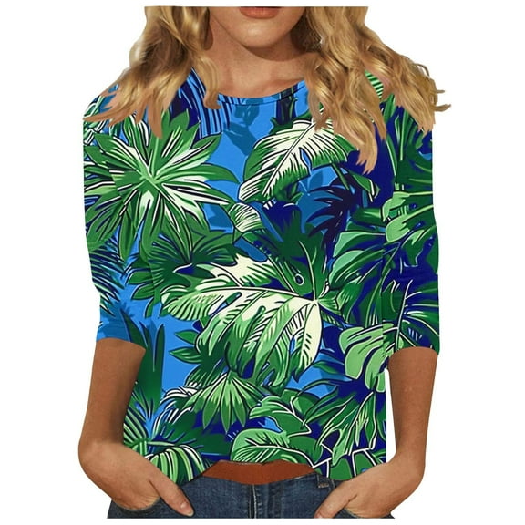 CYMMPU Spring Tops Crew Neck Fall Fashion Shirts Floral Printed Loose Fit 3/4 Sleeve Blouses for Women Dressy Casual Tunic Tops Lightweight Basic T-Shirts Multicolor XXXL