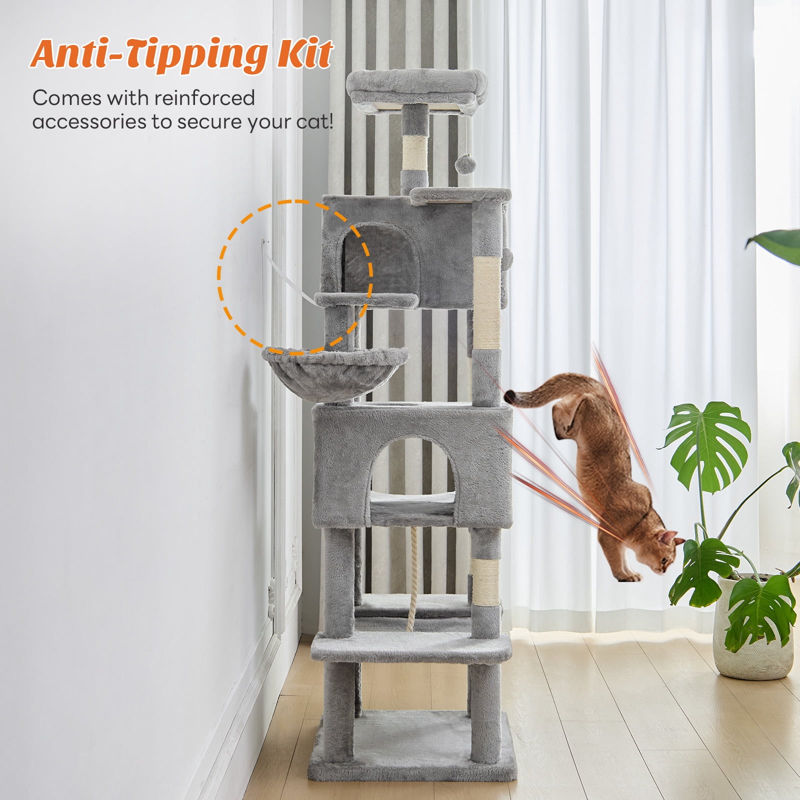 SHOUFTW 66in Cat Tree, Space-Saving Indoor Cat Tower with Large Top Perch and Hammock for Multi-Cat Households, Light Gray