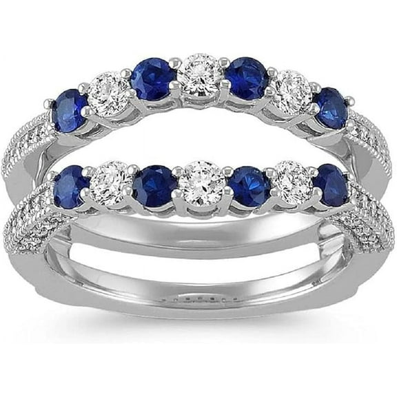 Divine Creation 925 Sterling Silver 2.00 Ct Round Cut Blue Sapphire & Diamond Wedding Engagement Enhancer Guard Wrap Ring 14K White Gold Plated For Women's -7.5